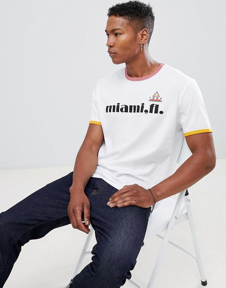 Asos Design Relaxed T-shirt With Contrast Ringer And Miami Print - White