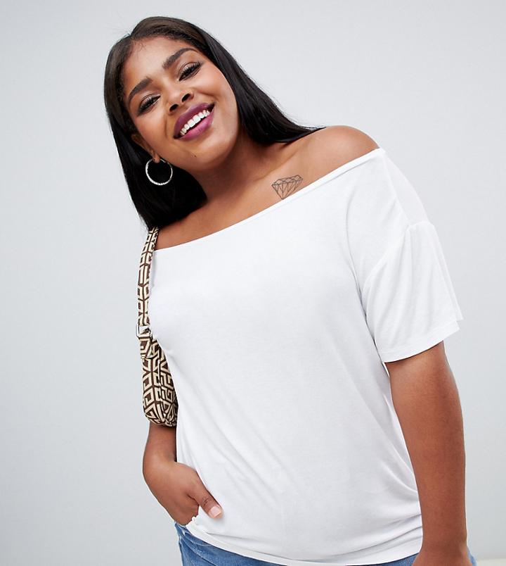 Asos Design Curve Off Shoulder Top With Short Sleeve In Drapey Fabric In White - White