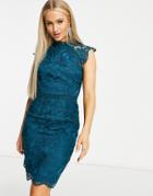 Chi Chi London Cap Sleeve Lace Midi Dress In Teal-green