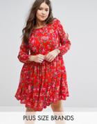 Koko Plus Dress In Floral Print With Cold Shoulder - Orange