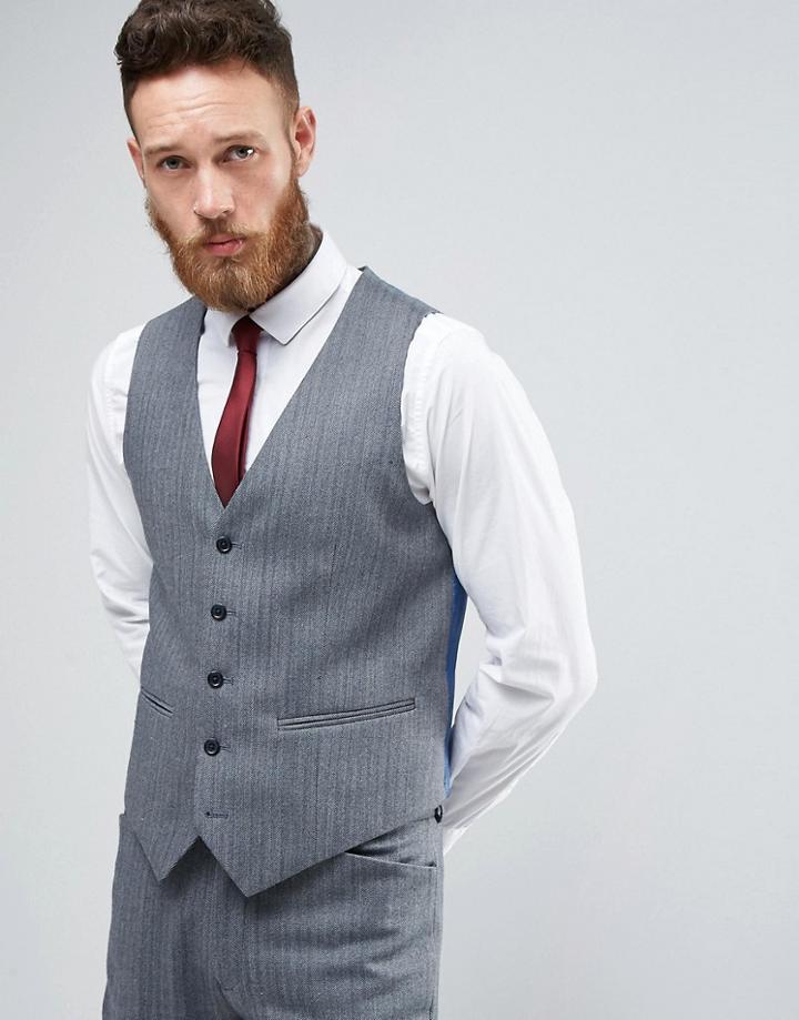 Asos Wedding Skinny Suit Vest In Herringbone Blue Wool Blend - Blue