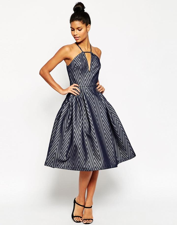 Asos Textured Chevron Pinny Midi Prom Dress - Navy