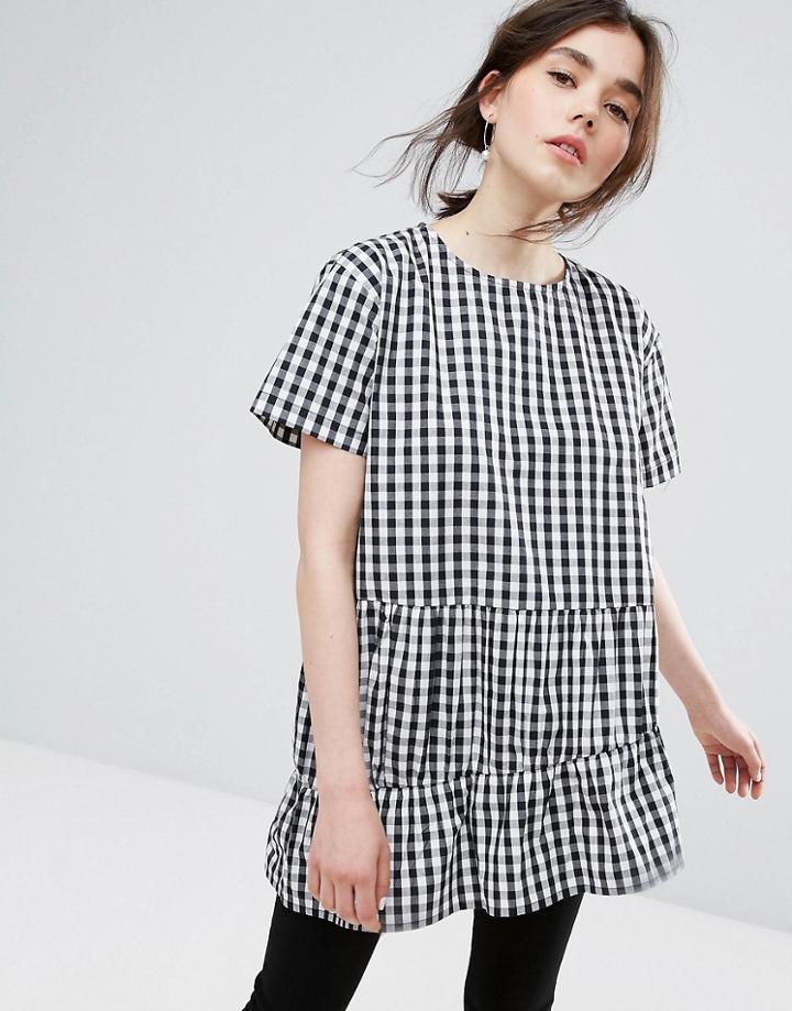 Plain Studios Tiered Smock Top In Gingham - Black