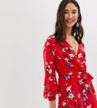 Parisian Tall Long Sleeve Tie Waist Romper In Red Floral Print
