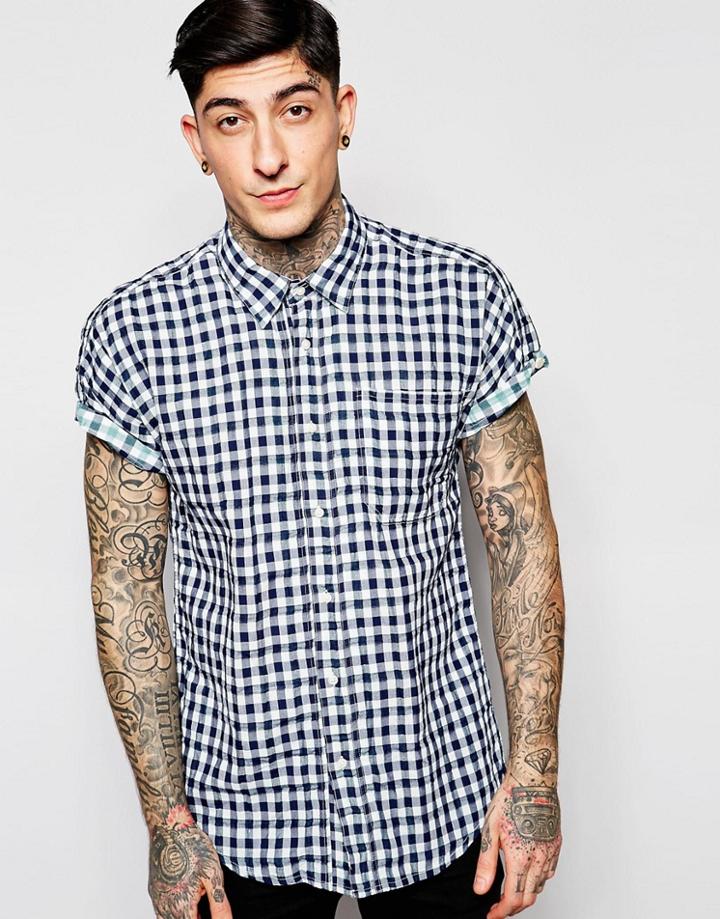 Scotch & Soda Shirt With Gingham Check Short Sleeves - Blue