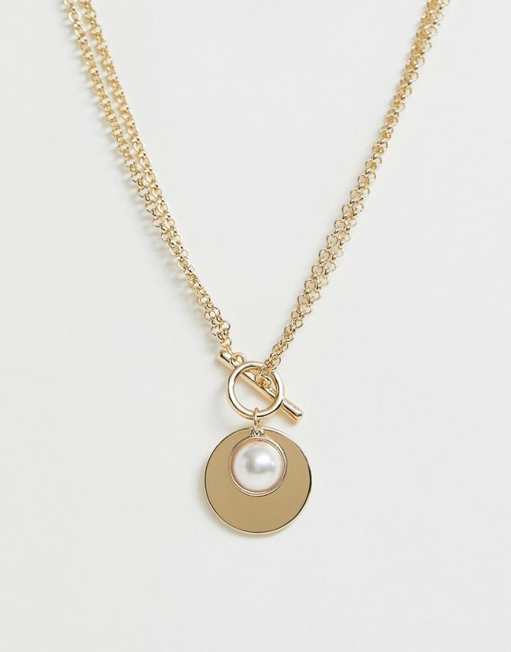 Miss Selfridge Gold Disc Necklace With Pearl - Gold
