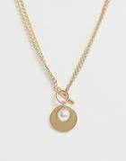 Miss Selfridge Gold Disc Necklace With Pearl - Gold