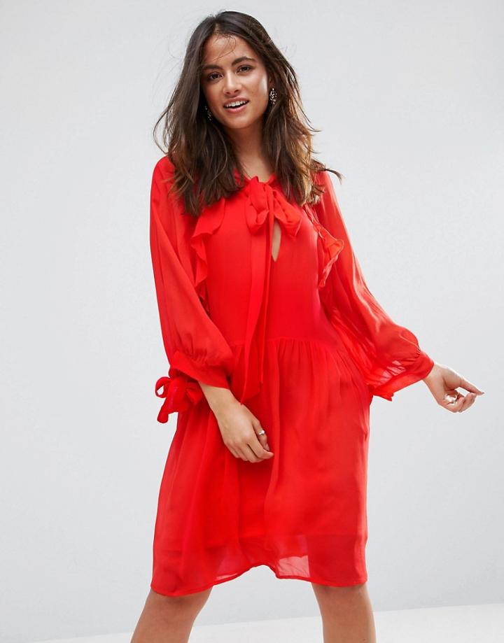 Mango Ruffle Trim Dress - Red