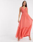 Little Mistress Miranda Lace Plunge Maxi Dress In Orange