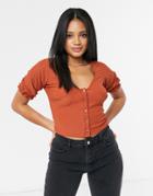 New Look Button Front Textured Top In Rust-orange