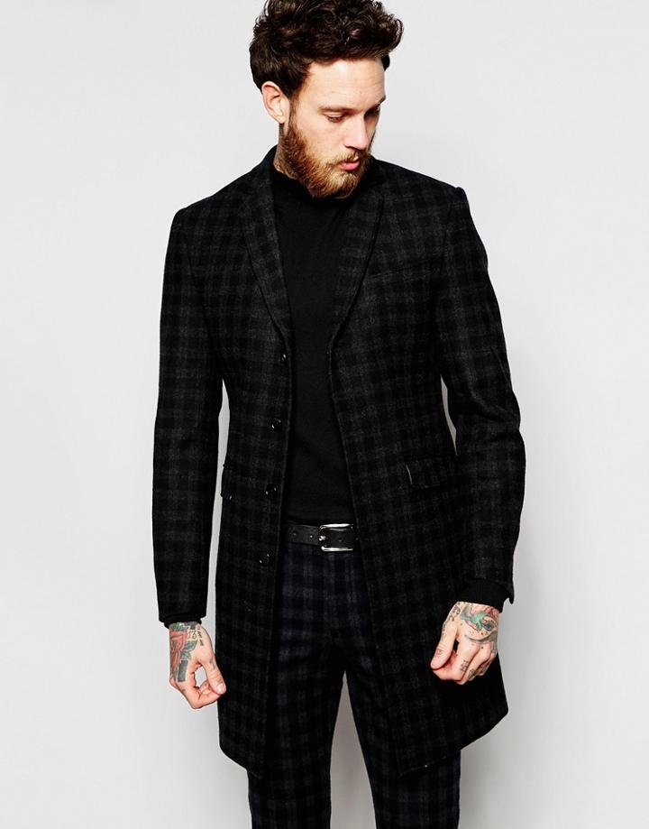 Heart & Dagger Check Overcoat - Black