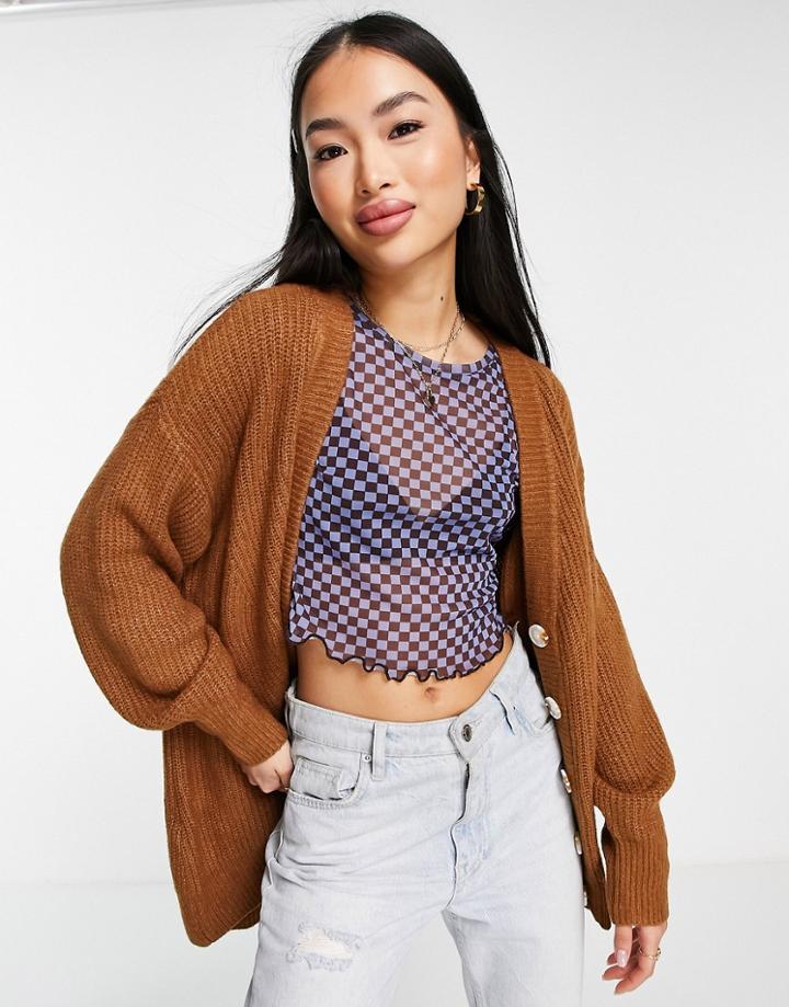 Topshop Knitted Oversized Grandad Cardi In Camel-brown