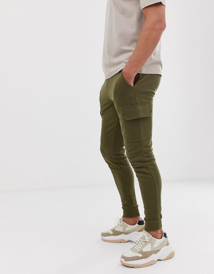 Asos Design Skinny Sweatpants With Cargo Pocket In Dark Olive - Green