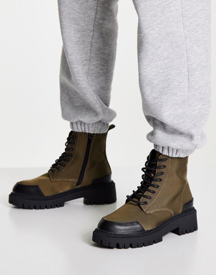 London Rebel Chunky Lace Up Ankle Boots With Toe Cap In Khaki-green