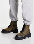 London Rebel Chunky Lace Up Ankle Boots With Toe Cap In Khaki-green