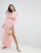 Asos Design Natural Stripe Fabric Pom Pom Trim Beach Sarong-multi