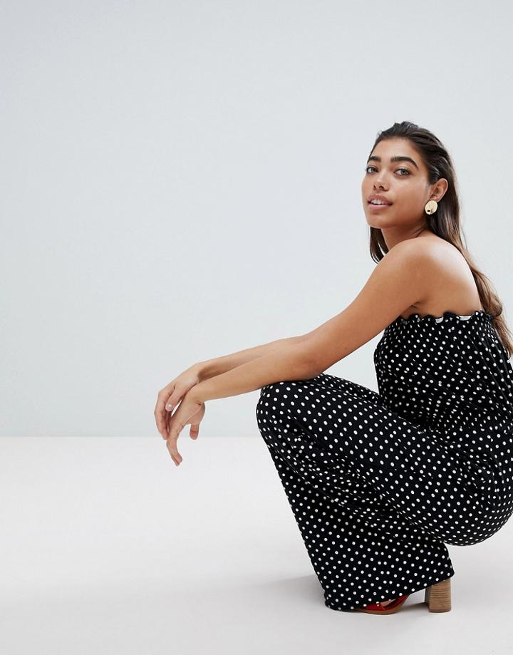 Asos Design Bandeau Jersey Jumpsuit With Wide Leg In Polka Dot - Black