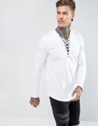 Asos Longline Longsleeve T-shirt With Deep Lace Up Neck And Curve Hem - White