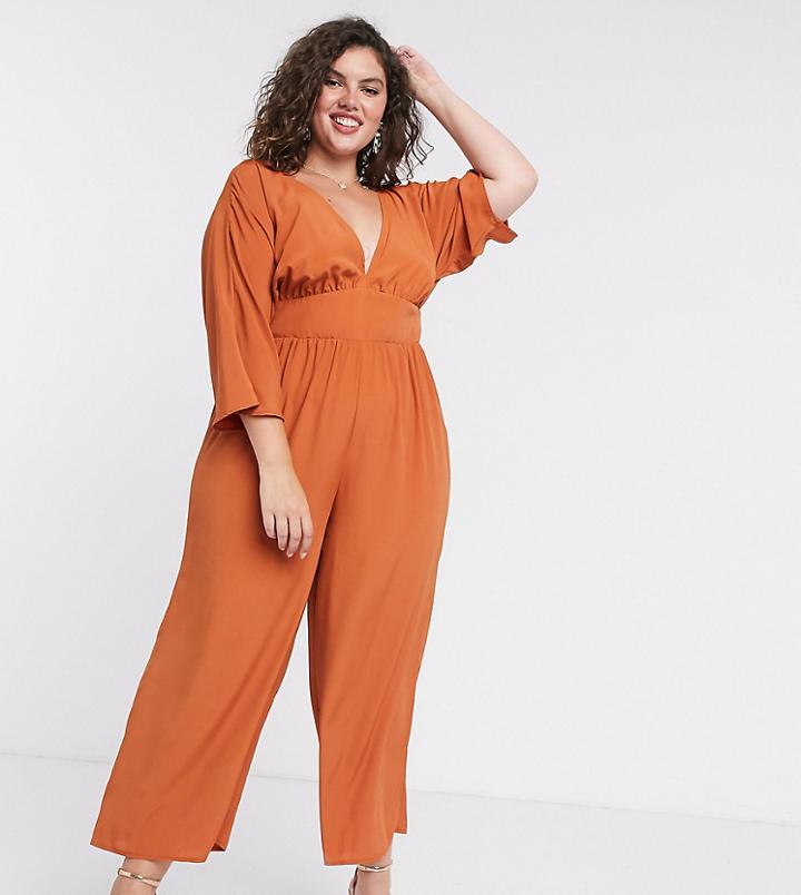 Asos Design Curve Kimono Sleeve Culotte Jumpsuit In Terracotta-brown
