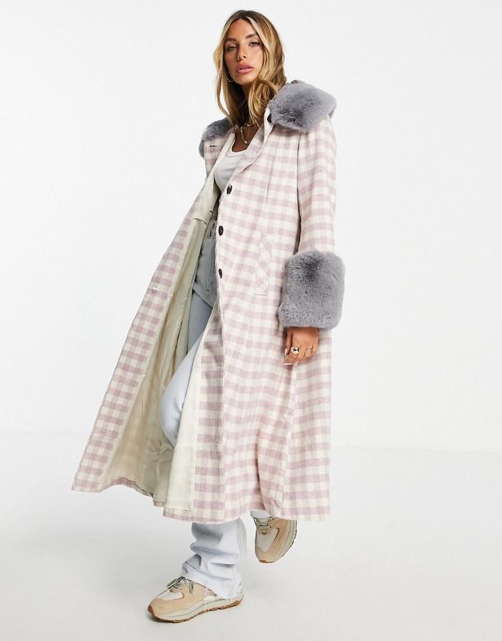 Annorlunda Trapeze Maxi Coat In Wool Feel Check With Contrast Faux Fur Cuffs And Collar-purple