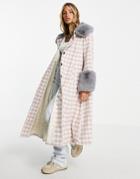 Annorlunda Trapeze Maxi Coat In Wool Feel Check With Contrast Faux Fur Cuffs And Collar-purple