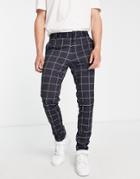 Jack & Jones Intelligence Slim Fit Jersey Pants In Navy Plaid-black