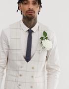 Gianni Feraud Wedding Skinny Fit Check Curved Double Breasted Suit Vest-white