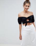 Fashion Union Off Shoulder Tie Front Crop Top - Black