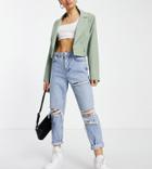 Topshop Petite Bleached Ripped Mom Jeans-blues