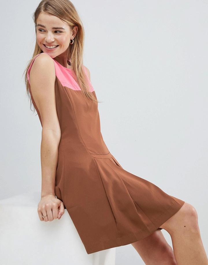 Louche Drop Hem Dress With Pleated Skirt And Contrast Neck - Brown