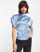 Asos Design High Neck Satin Top With Roll Sleeve In Blue