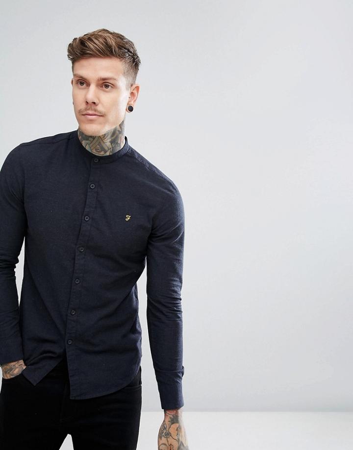 Farah Steen Slim Fit Weft Grandad Shirt In Navy - Navy