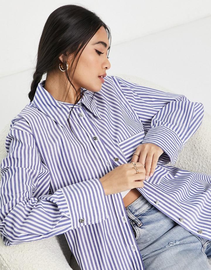 River Island Stripe Boyfriend Poplin Shirt In Blue