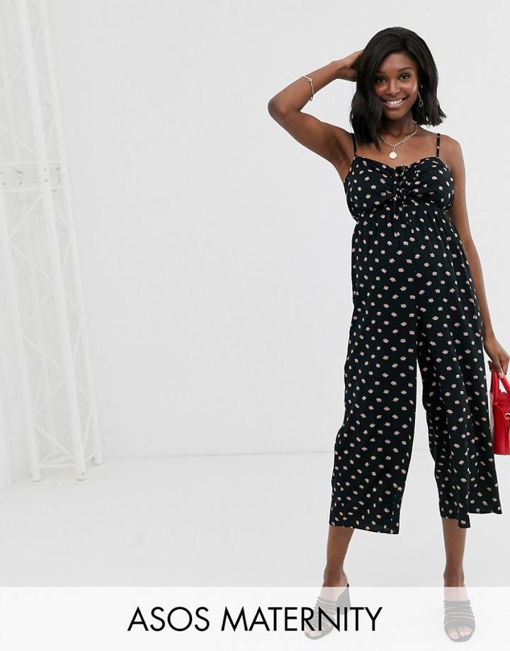 Asos Design Maternity Cami Jumpsuit With Gathered Bodice Detail In Ditsy Floral Print - Multi