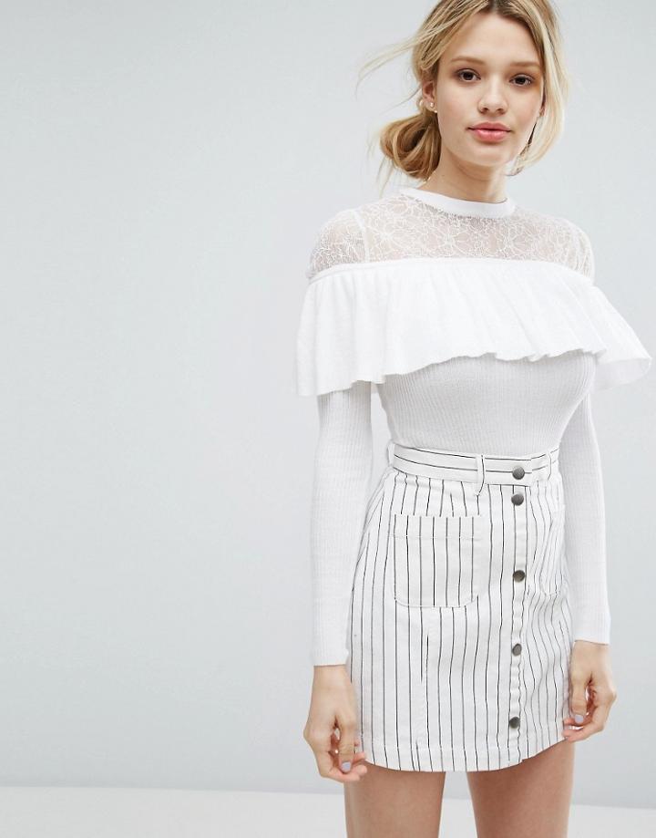 Lost Ink Sweater With Lace And Frill - White