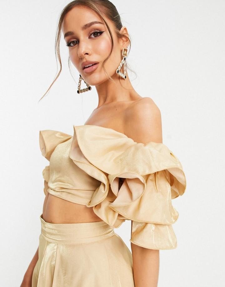Yaura Tiered Sleeve Off Shoulder Crop Top Set In Champagne Gold