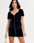 Asos Design Velvet Zip Front Corseted Puff Sleeve Mini Dress-navy