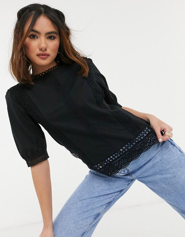 Oasis Lace Trim Poplin Top In Black