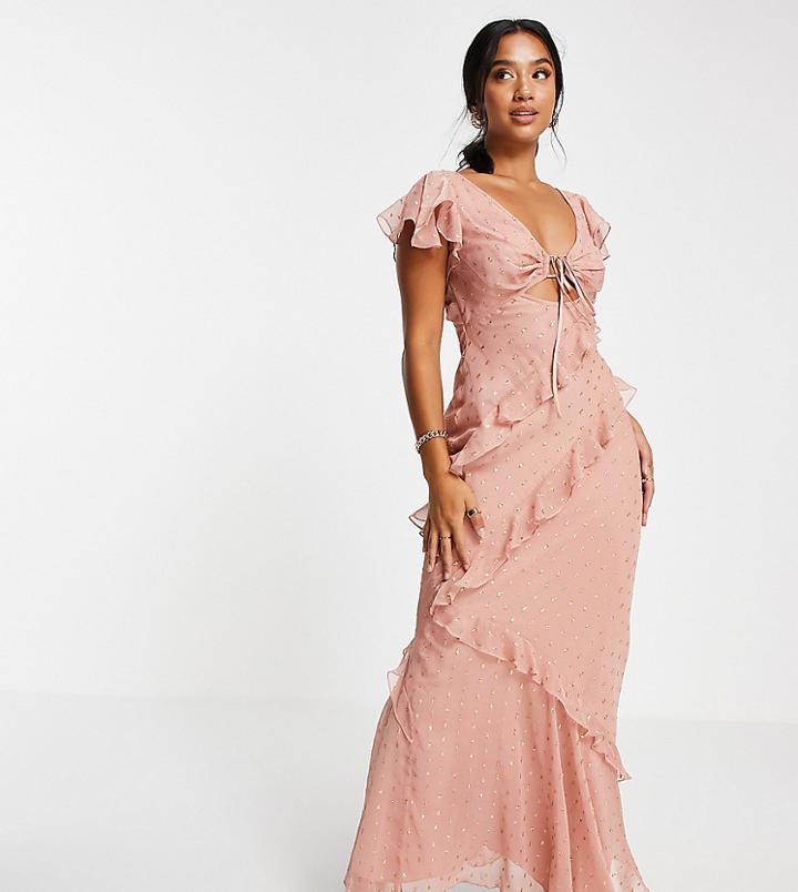 Asos Design Petite Bias Cut Tea Maxi Dress With Ruffle Sleeve In Fil Coupe-pink