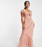 Asos Design Petite Bias Cut Tea Maxi Dress With Ruffle Sleeve In Fil Coupe-pink