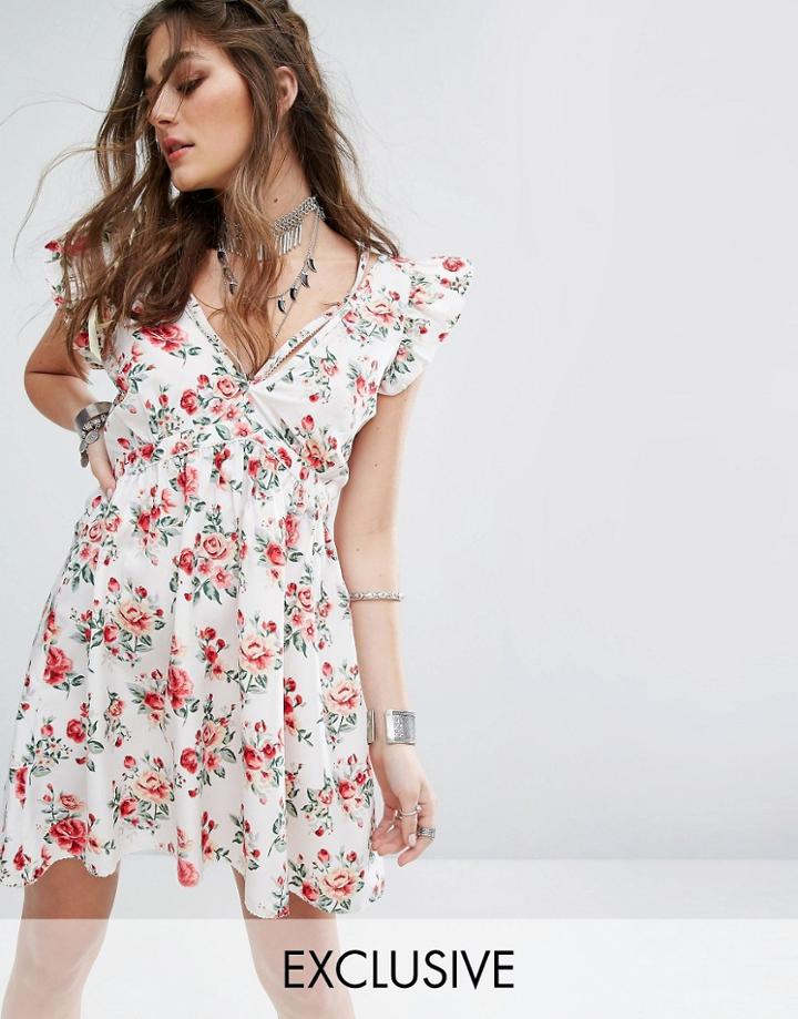 Sacred Hawk Tea Dress With Ruffle Sleeves And Harness Neck Detail - White