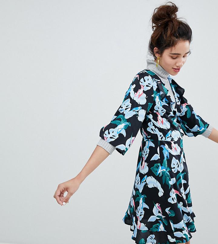 Monki Tropical Bird Print Wrap Mini Dress-multi
