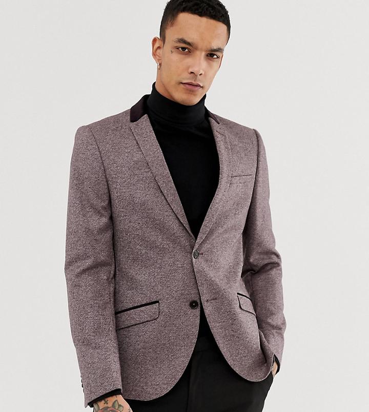 Heart & Dagger Skinny Suit Jacket In Tweed With Velvet Trim-red