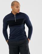 Asos Design Long Sleeve Pique Polo Shirt With Zip Neck And Contrast Panel In Navy