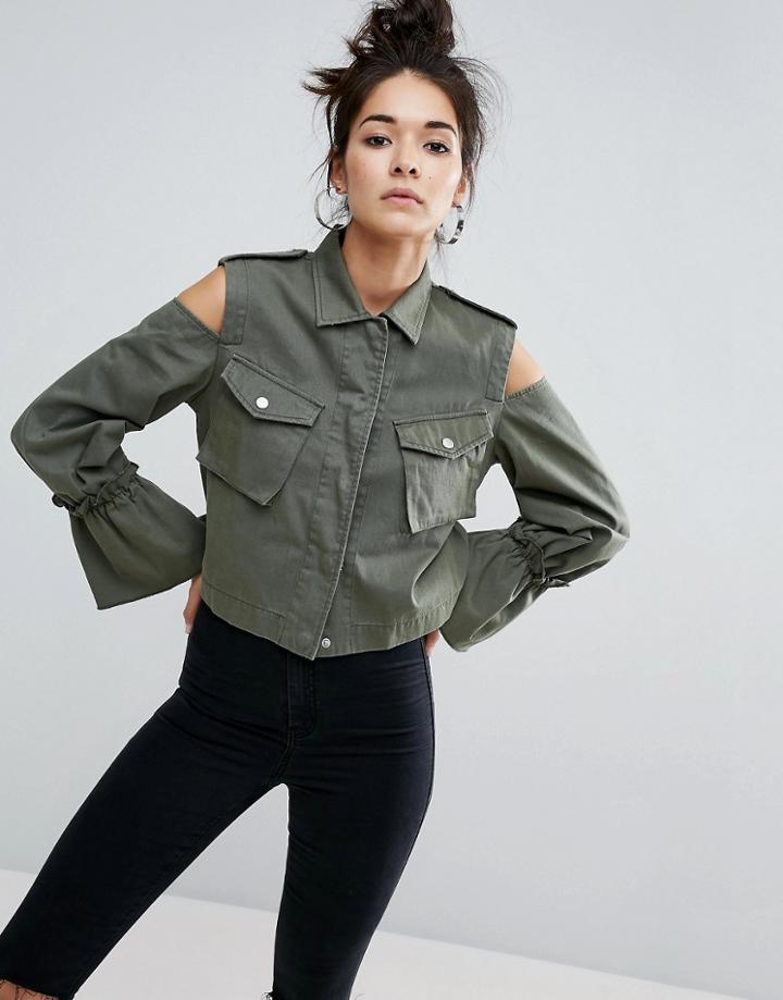 Asos Cropped Jacket With Cold Shoulder - Green