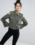 Asos Cropped Jacket With Cold Shoulder - Green