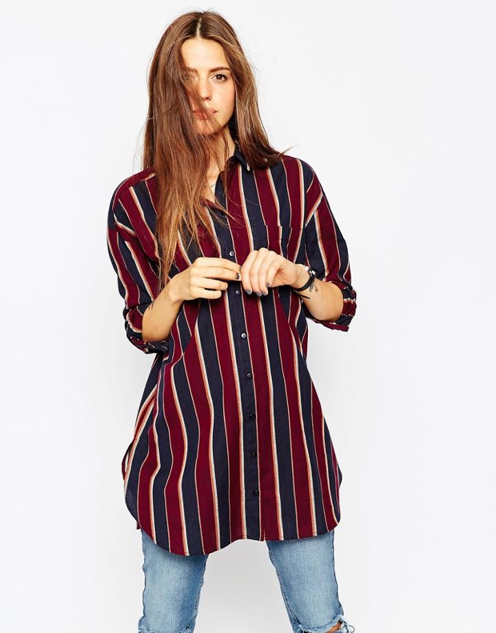 Asos Longline Boyfriend Shirt In Navy Stripe - Multi