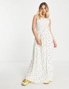 Pieces Shirred Maxi Dress In White Ditsy