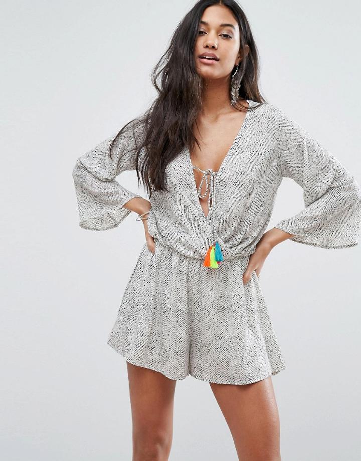 Surf Gypsy Texture Print Multi Contrast Tassel Romper - Multi