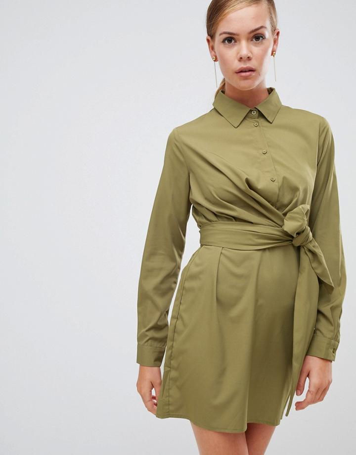 Boohoo Tie Waist Shirt Dress In Khaki - Gray